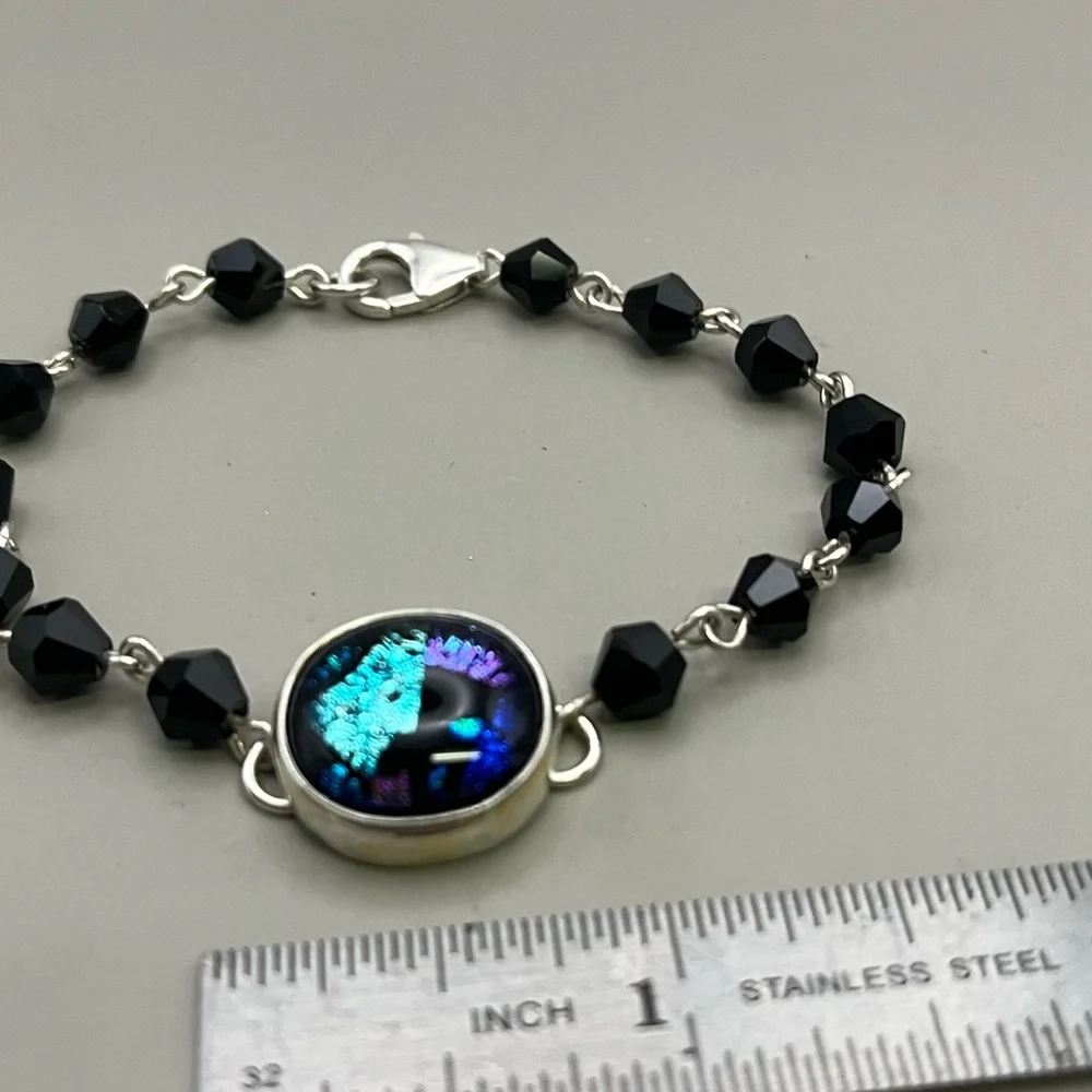 Black and Sterling Silver Beaded Bracelet with Fused Glass Center as an Accent